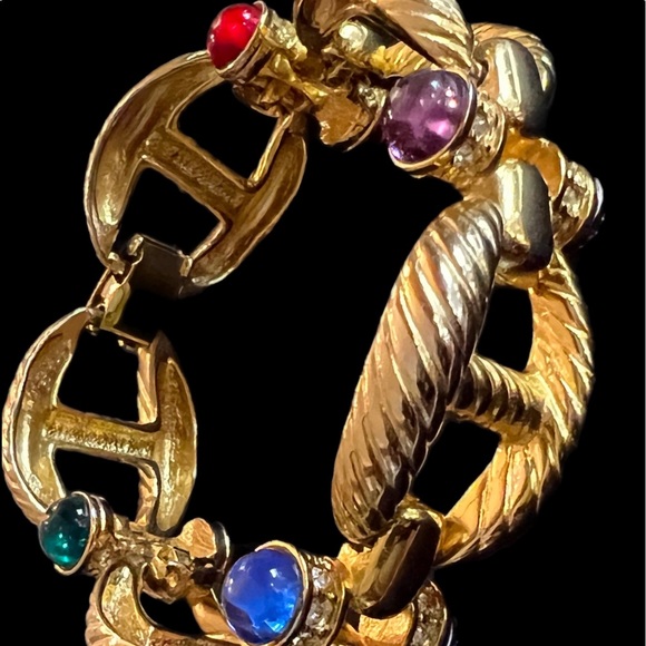 Vtg 80s cabochon Gems and Rhinestones Gilt metal rope twist link Bracelet - Picture 4 of 10